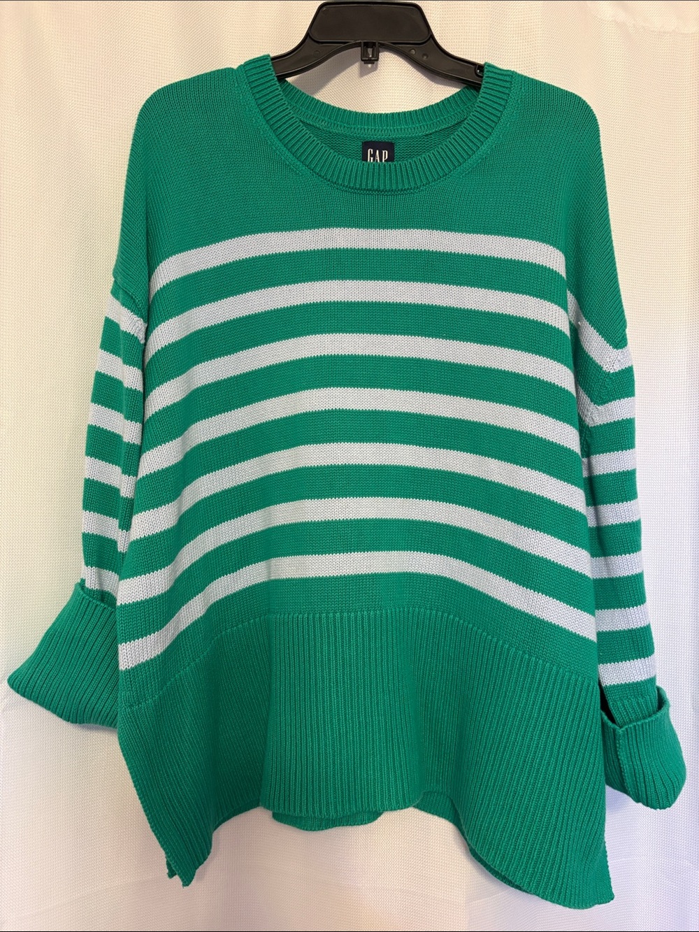 GAP Teal Green and Gray Striped Crew Neck Sweater